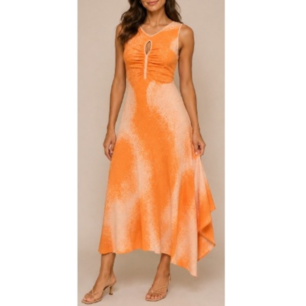 Desigual Women's Orange Jacquard Cut-Out V-neck Midi Dress‎ Size S NWT